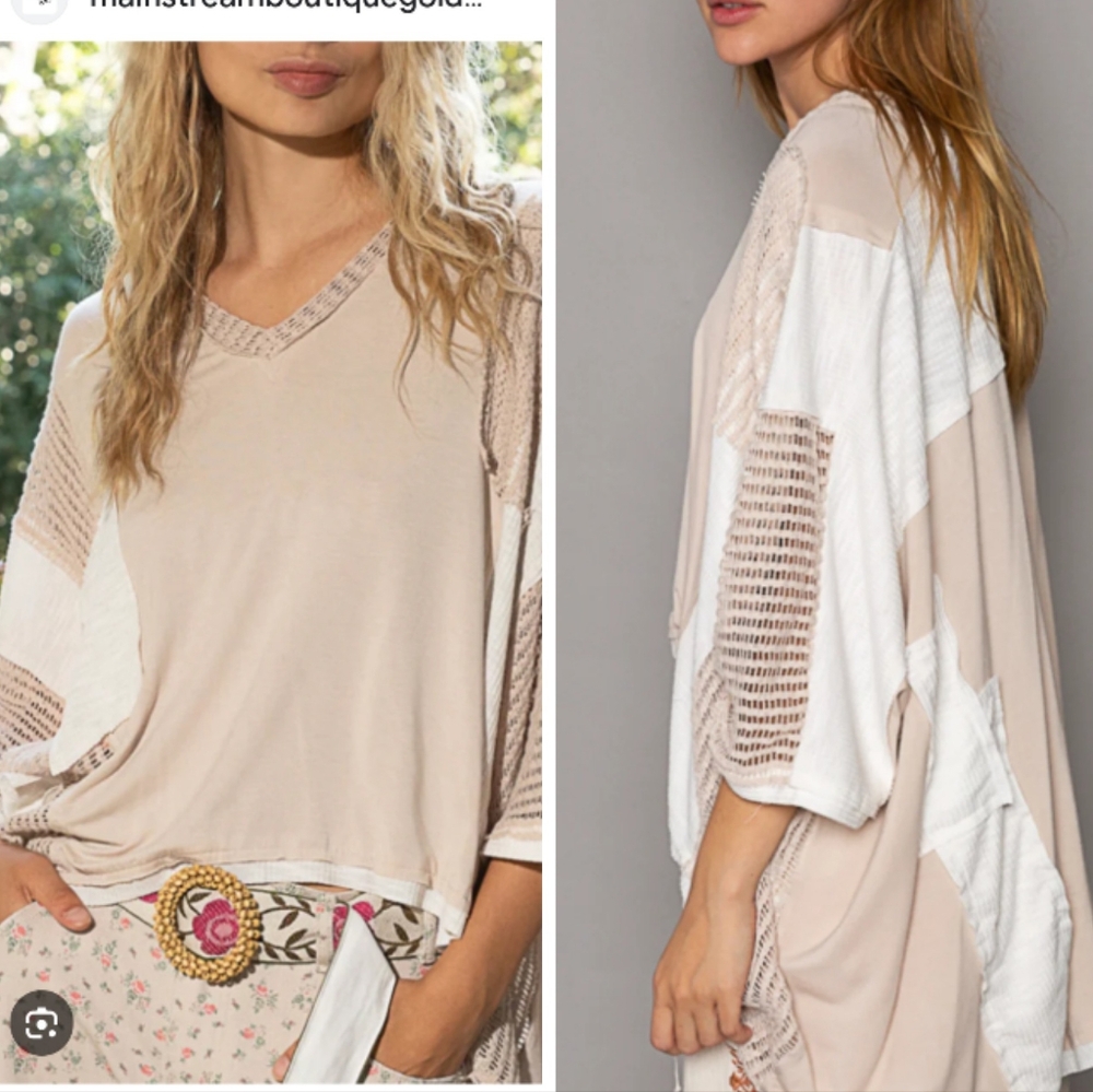 POL Beige and White Lightweight Crochet Sleeve Tunic